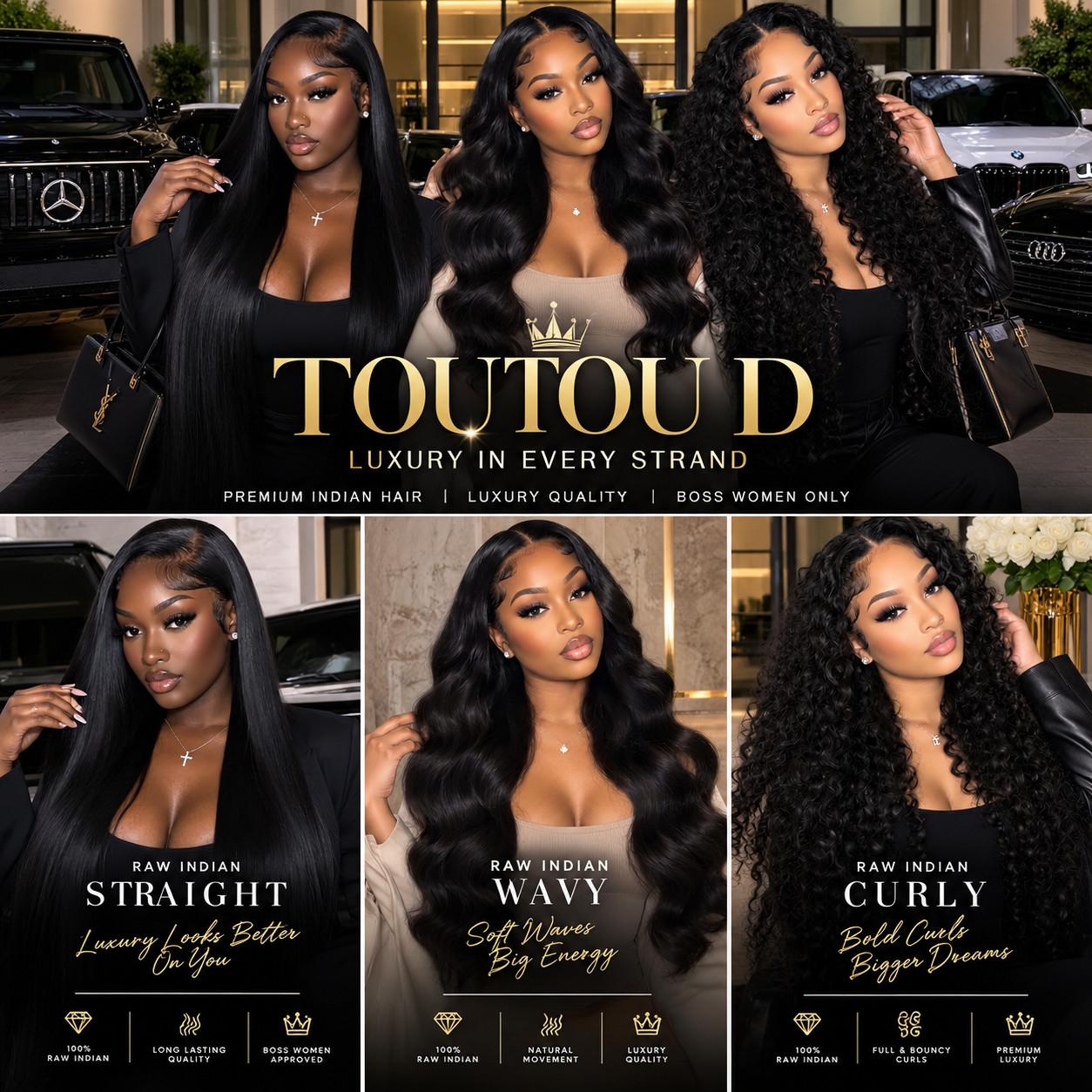TouTouD campaign poster, shown as supplied: three models above the three texture cards
