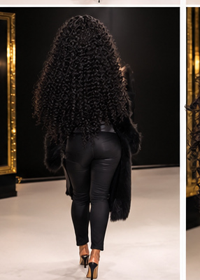 Campaign still: curly raw hair, rear length view