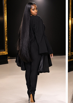 Campaign still: straight raw hair, rear length view