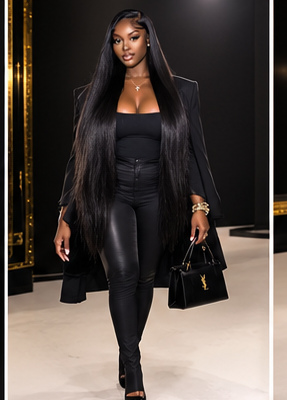 Campaign still: straight raw hair, runway walk