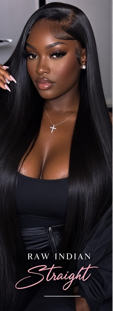 TouTouD campaign card, Straight: model wearing long, sleek straight raw hair