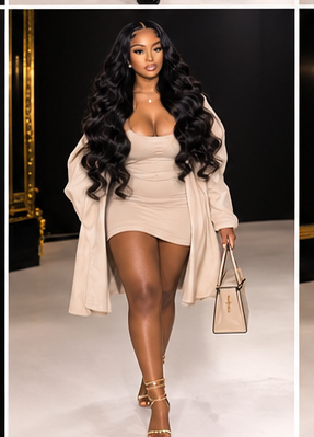 Campaign still: wavy raw hair, runway walk