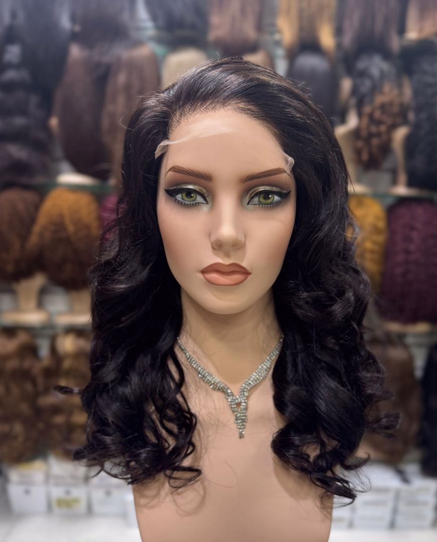 Ready-to-wear 5x5 HD closure wig on mannequin, multi-color wig wall background